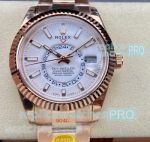 NOOB Factory Replica Rolex Sky-Dweller White Dial Rose Gold Fluted Bezel Watch